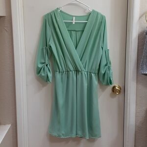 My Story Pastel Mint Green Flowy Pleated V Neck Long Cuffed Button Sleeve Dress